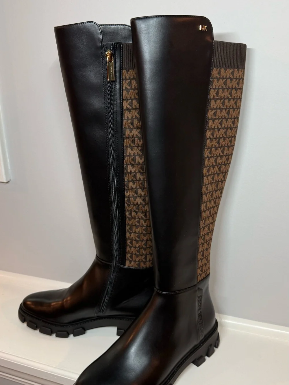 Michael Kors Black Leather & Brown Logo Tall Riding Boots